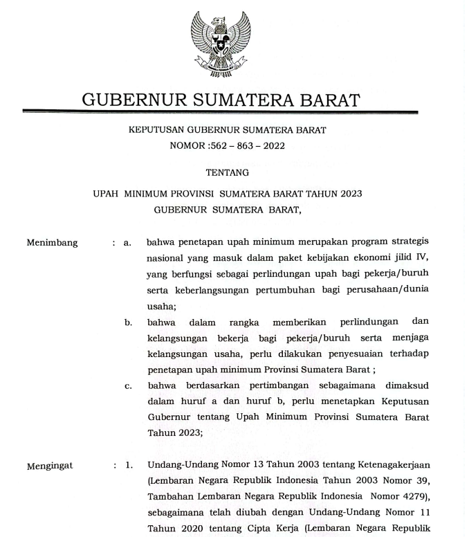 Keputusan Gubernur Sumatera Barat Nomor: 562 - 863 - 2022 Tentang Upah Minimum Provinsi Sumatera Barat Tahun 2023