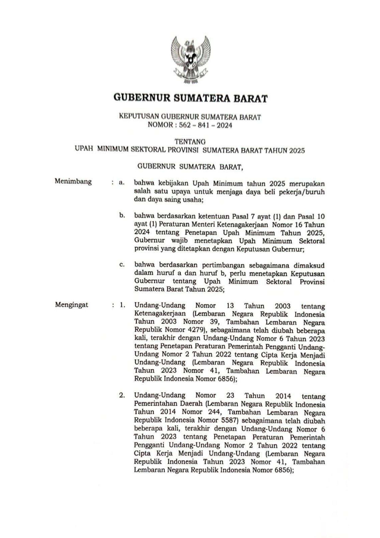 Keputusan Gubernur Sumatera Barat Nomor 562-841-2024 Tentang Upah Minimum Sektoral Provinsi Sumatera Barat Tahun 2025