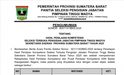 PENGUMUMAN HASIL PENILAIAN KOMPETENSI SELEKSI TERBUKA PENGISIAN JABATAN PIMPINAN TINGGI MADYA  SEKRETARIS DAERAH  PROVINSI SUMATERA BARAT TAHUN 2025