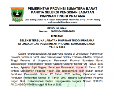 PENGUMUMAN SELEKSI TERBUKA JABATAN PIMPINAN TINGGI PRATAMA DI LINGKUNGAN PEMERINTAH PROVINSI SUMATERA BARAT TAHUN 2025